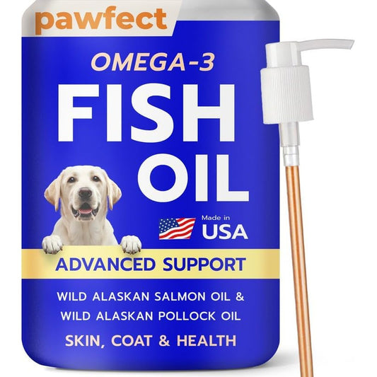 PAWFECTCHEW Omega 3 Fish Oil liquid supplement bottle front view for pet skin and coat care