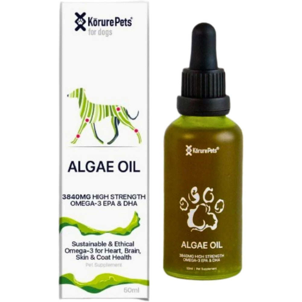 Korure Pets Omega 3 Algae Oil 50ml bottle front view plant based sustainable pet supplement for skin and coat health