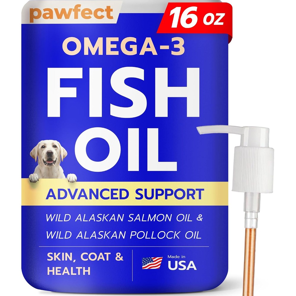 PAWFECTCHEW Fish Oil for dogs 16 Ounce bottle front view showing natural Omega 3 pet supplement.