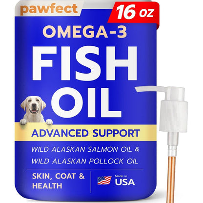 PAWFECTCHEW Fish Oil for dogs 16 Ounce bottle front view showing natural Omega 3 pet supplement.