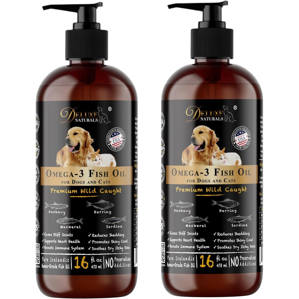 Deluxe Naturals Omega-3 Fish Oil for dogs and cats front view of the two pack bottles.