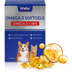 Wellix Pure Omega 3 Fish Oil for dogs and cats front view showing the sixty softgels packaging