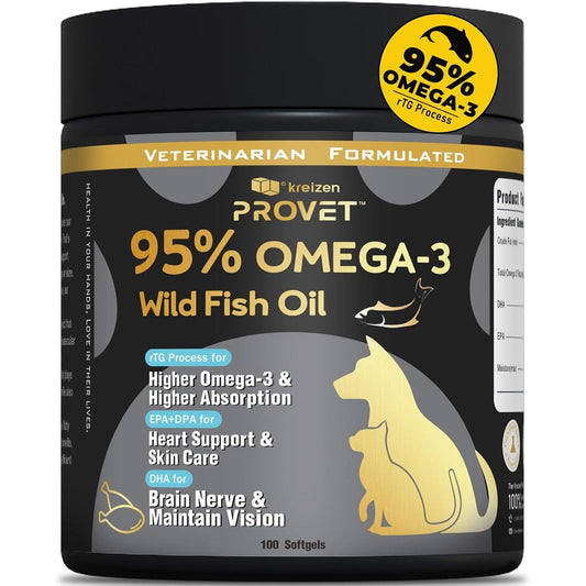 Kreizen Provet 95 Percent Omega 3 Fish Oil for dogs and cats front bottle view premium pet supplement.