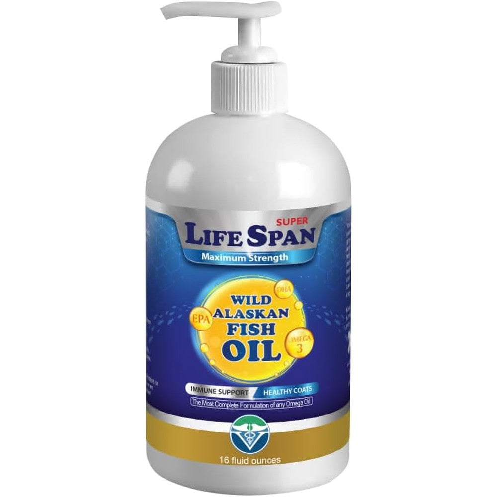 Pet Honesty LifeSpan Super Alaskan Fish Oil bottle front view for premium pet skin and coat health.