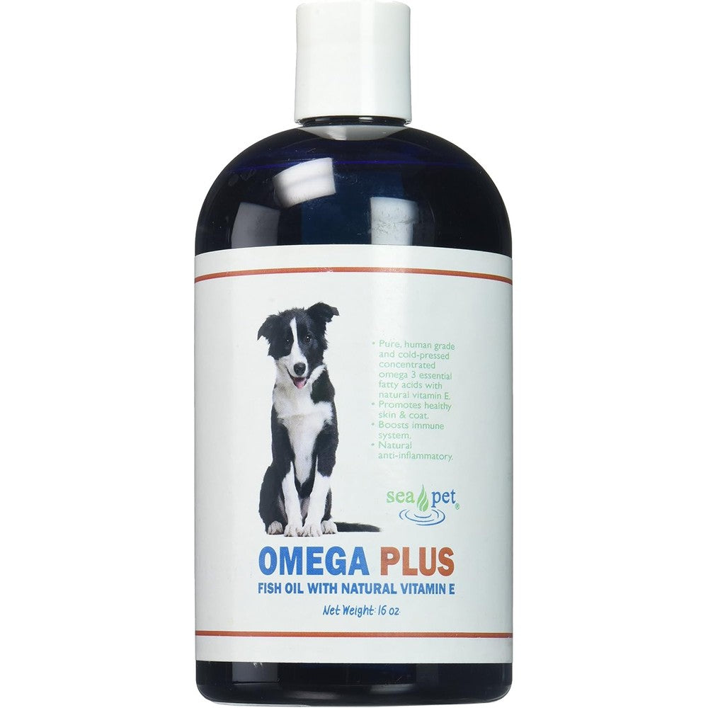 Sea Pet Omega Plus Fish Oil with Vitamin E 16 fluid ounce bottle front view highlighting the premium liquid pet supplement for skin and coat health.