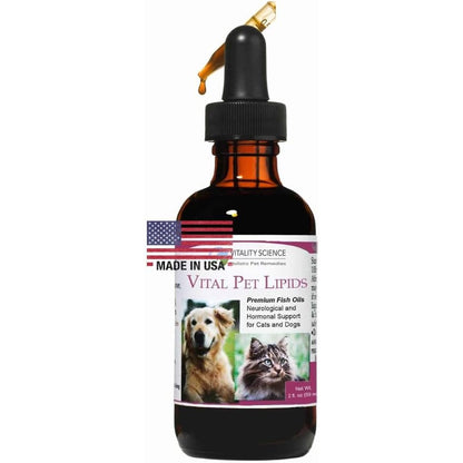 Vitality Science Vital Pet Lipids 8 Ounce bottle front view premium fish oil supplement for dogs and cats