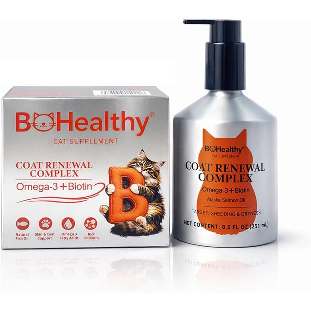 BoHealthy Omega 3 Fish Oil for Cats front bottle view showcasing premium Alaskan salmon oil packaging.