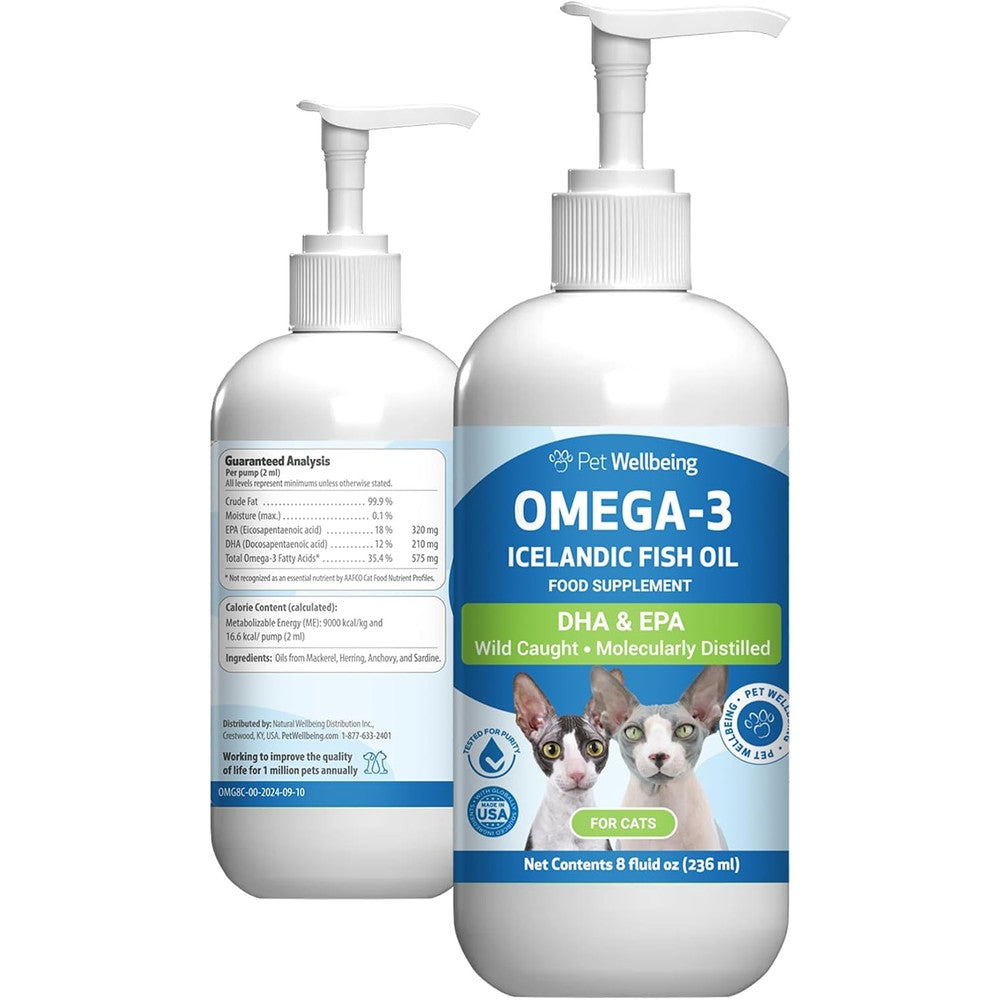 Pet Wellbeing Omega-3 Icelandic Fish Oil for Cats front bottle view with pump dispenser