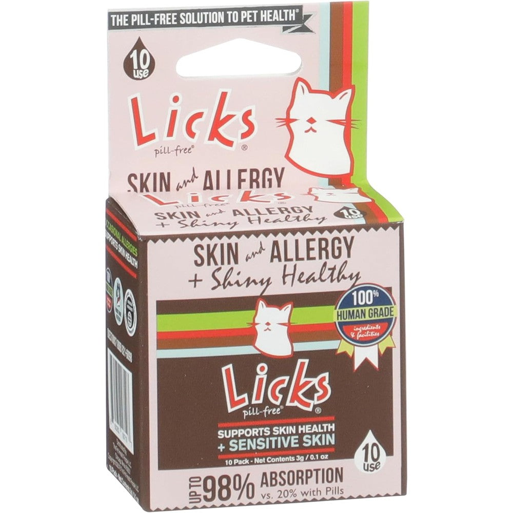 Licks Pill Free Skin and Allergy Support for Cats packaging front view showing chicken flavor and ten packets.