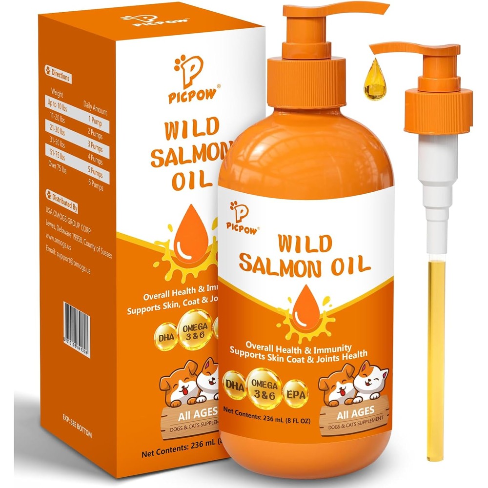 Picpow Wild Alaskan Salmon Oil front view bottle for dog and cat skin care supplement