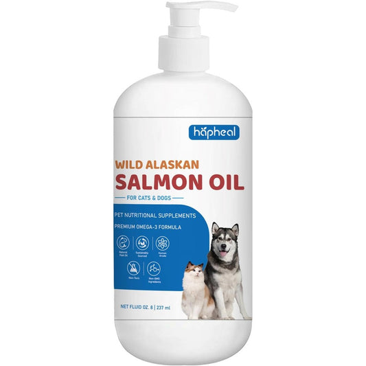 Vital Pet Life Wild Caught Salmon Oil 8 fluid ounce front bottle view for dog skin and coat health.