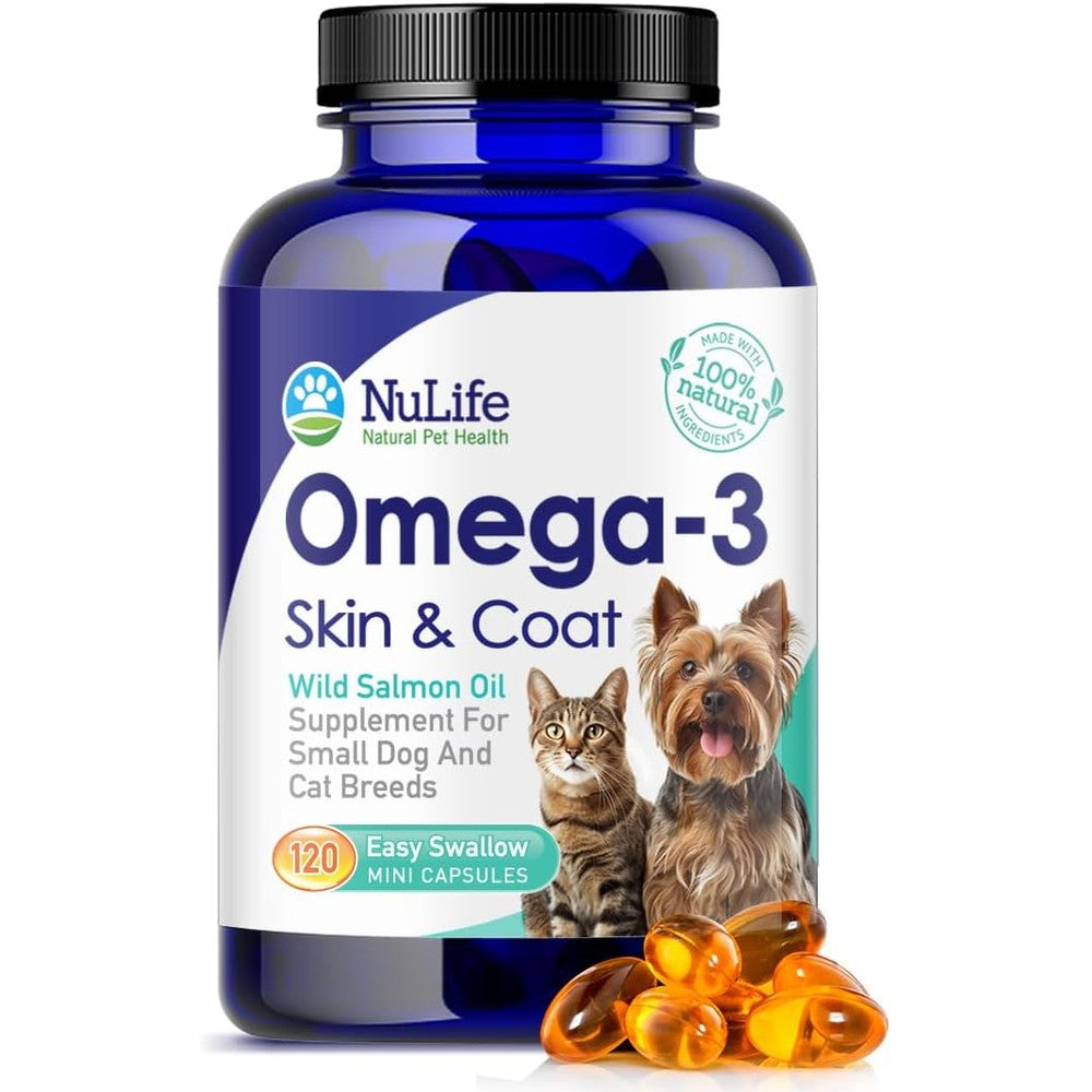 NuLife Natural Pet Health Omega 3 fish oil for small dogs and cats front bottle view
