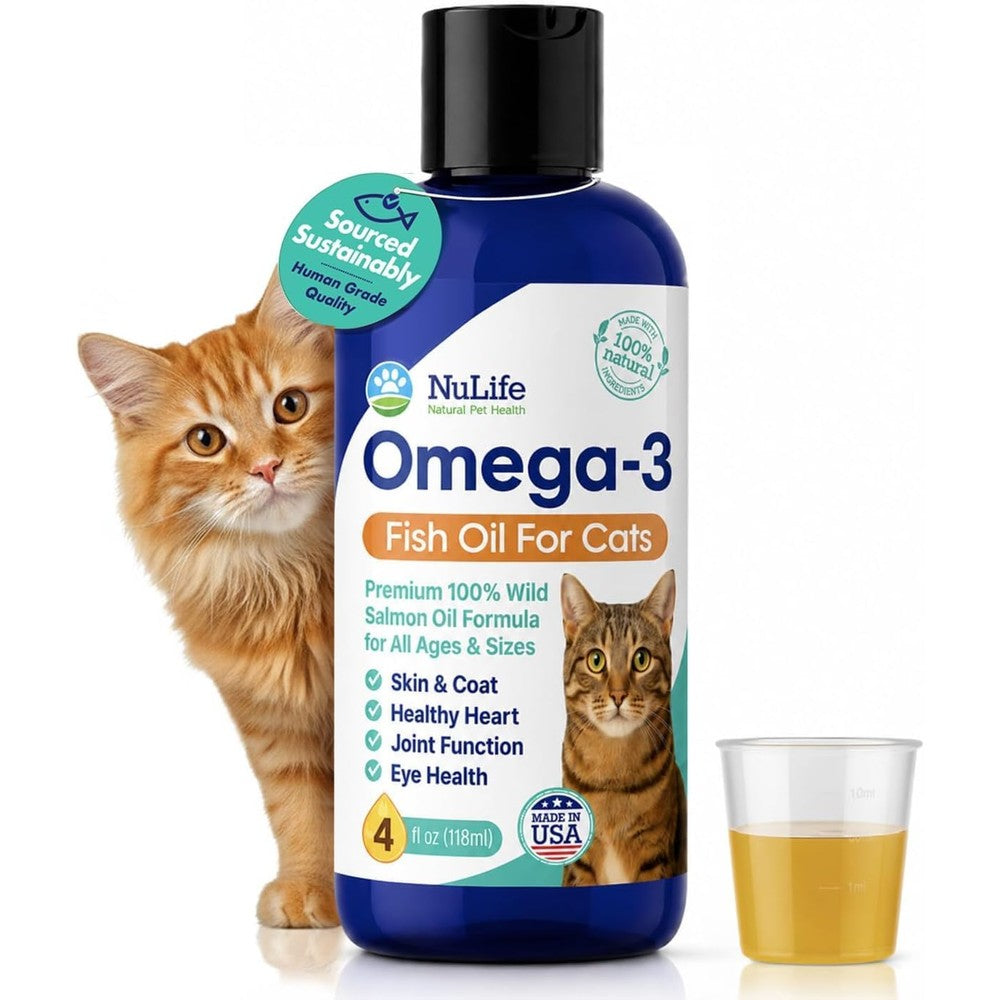 NuLife Natural Pet Health Premium Omega 3 Fish Oil for Cats front view bottle of wild Alaskan salmon oil liquid