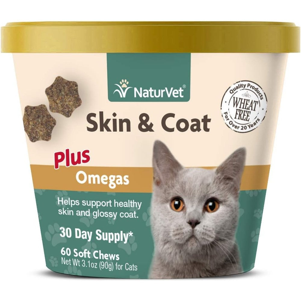 NaturVet skin and coat plus omegas for cats soft chews front view container