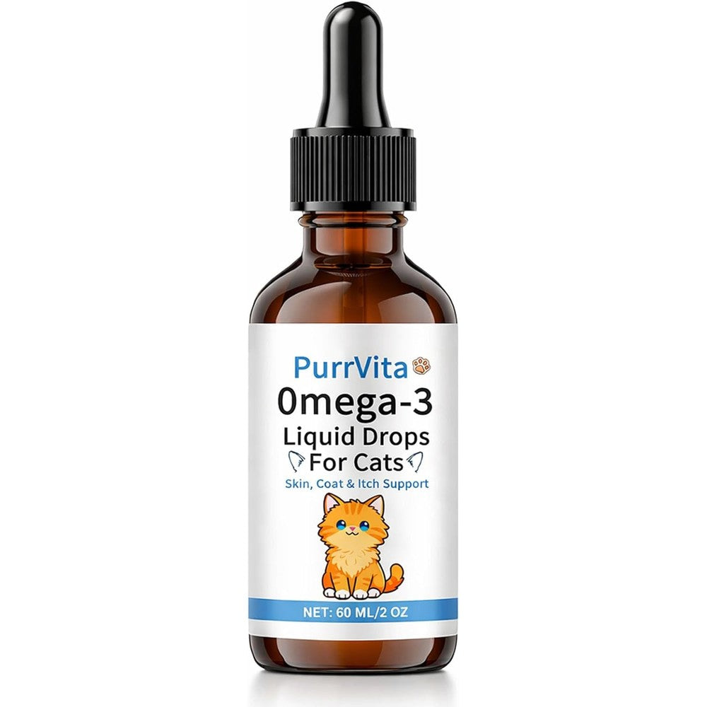 Anefose PurrVita Omega-3 Liquid Drops for cats front view of sixty milliliter amber glass bottle.