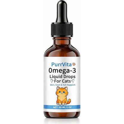 Anefose PurrVita Omega-3 Liquid Drops for cats front view of sixty milliliter amber glass bottle.