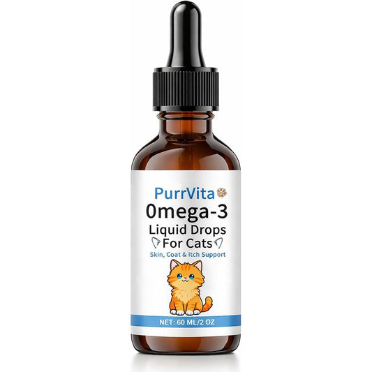 Anefose PurrVita Omega-3 Liquid Drops for cats front view of sixty milliliter amber glass bottle.