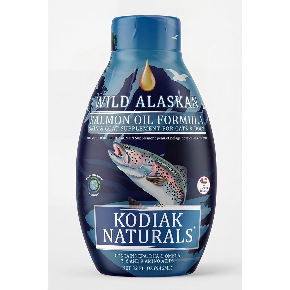 Kodiak Naturals Wild Alaskan Salmon Oil Formula 32 ounce front view bottle for dog skin and coat health.