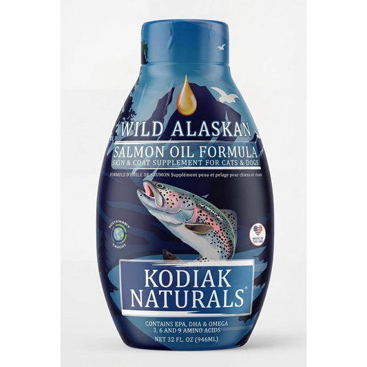 Kodiak Naturals Wild Alaskan Salmon Oil Formula 32 ounce front view bottle for dog skin and coat health.