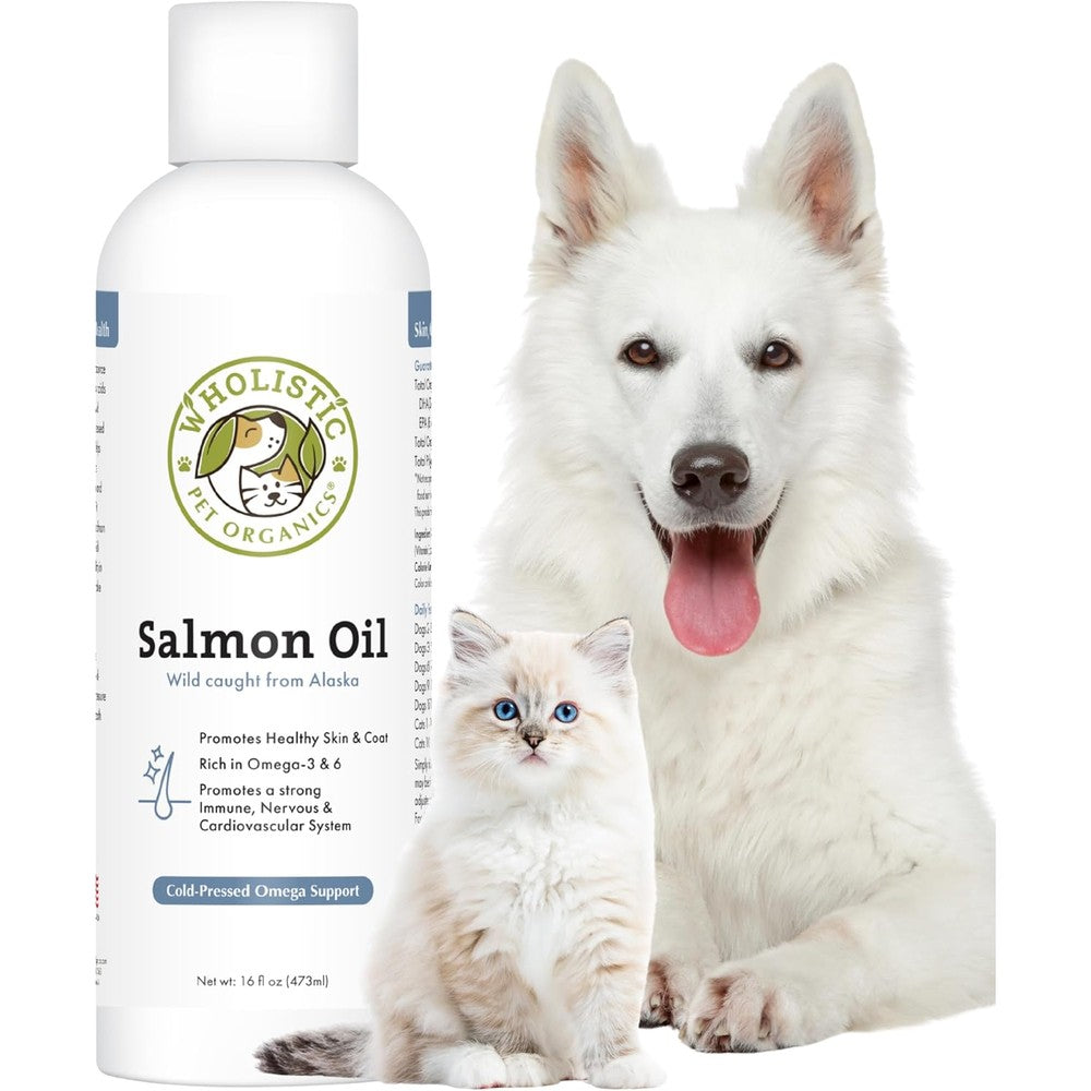 Wholistic Pet Organics Wild Alaskan Salmon Oil 16 Ounce bottle front view showing dog and cat illustrations.