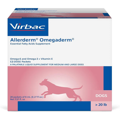 Virbac Allerderm Omegaderm essential fatty acids supplement box front view showing daily allergy support doses for medium and large dogs.