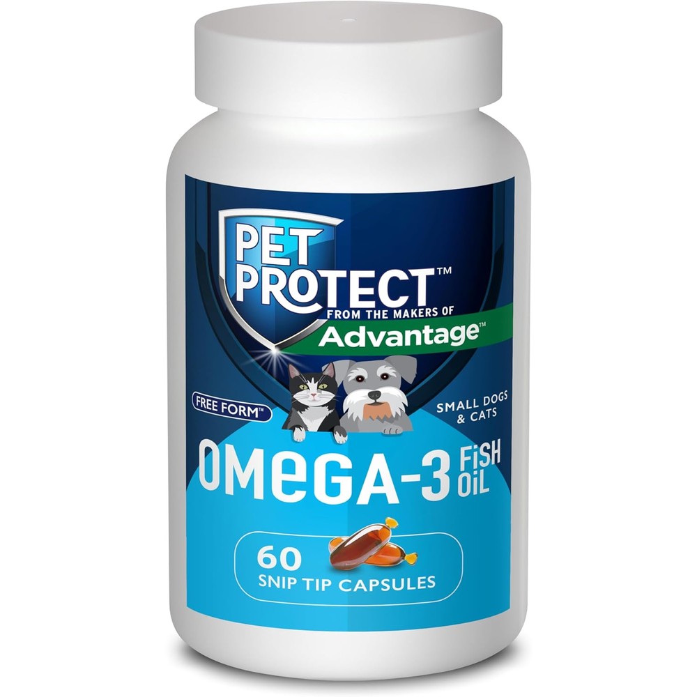 Pet Protect Cat and Small Dog Omega-3 Supplement sixty snip-tip capsules bottle front view