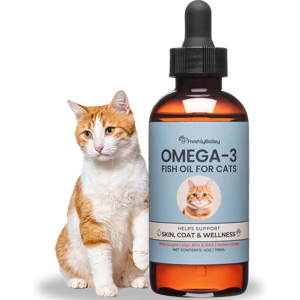 Freshly Bailey Omega 3 Fish Oil for cats front view of bottle with dropper