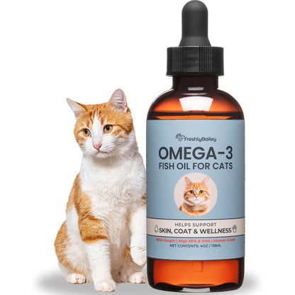 Freshly Bailey Omega 3 Fish Oil for cats front view of bottle with dropper