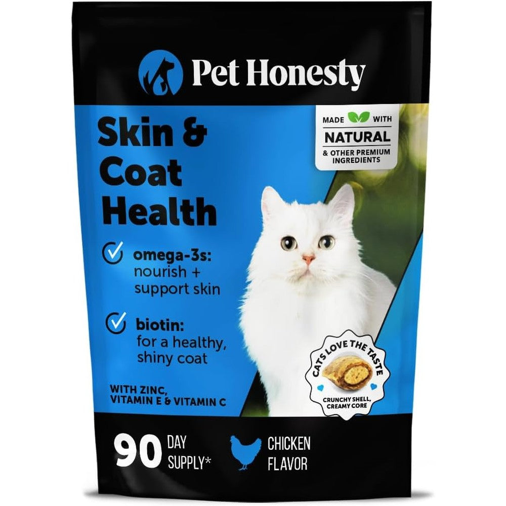 Pet Honesty Cat Skin and Coat Supplement front packaging view for feline shedding control.