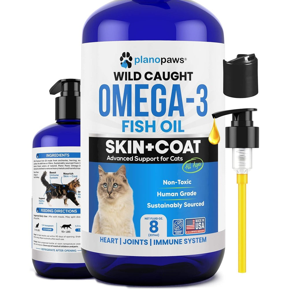 Plano Paws Omega 3 Fish Oil for Cats front view bottle showing premium skin and coat formula.