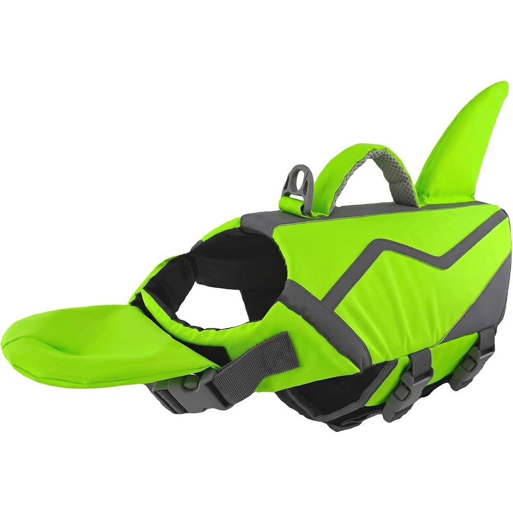 Doglay Shark Dog Life Jacket With Removable Neck Float High Buoyancy Adjustable Pet Swim Vest With Rescue Handle Bright Green Medium Size