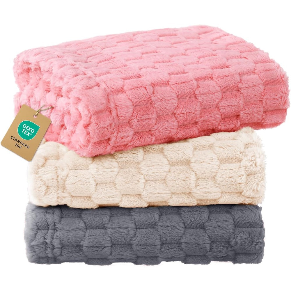 Luciphia 300GSM Fleece Dog Blanket 3D Jacquard Flannel Pet Throw Blankets For Puppies And Cats Three Pack Grey White Pink Small
