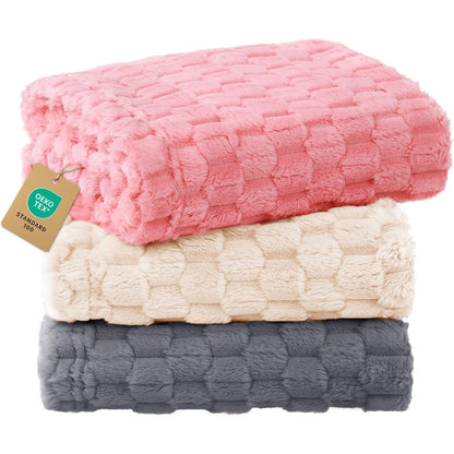 Luciphia 300GSM Fleece Dog Blanket 3D Jacquard Flannel Pet Throw Blankets For Puppies And Cats Three Pack Grey White Pink Small