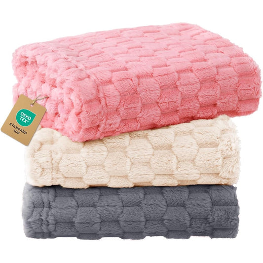 Luciphia 300GSM Fleece Dog Blanket 3D Jacquard Flannel Pet Throw Blankets For Puppies And Cats Three Pack Grey White Pink Small