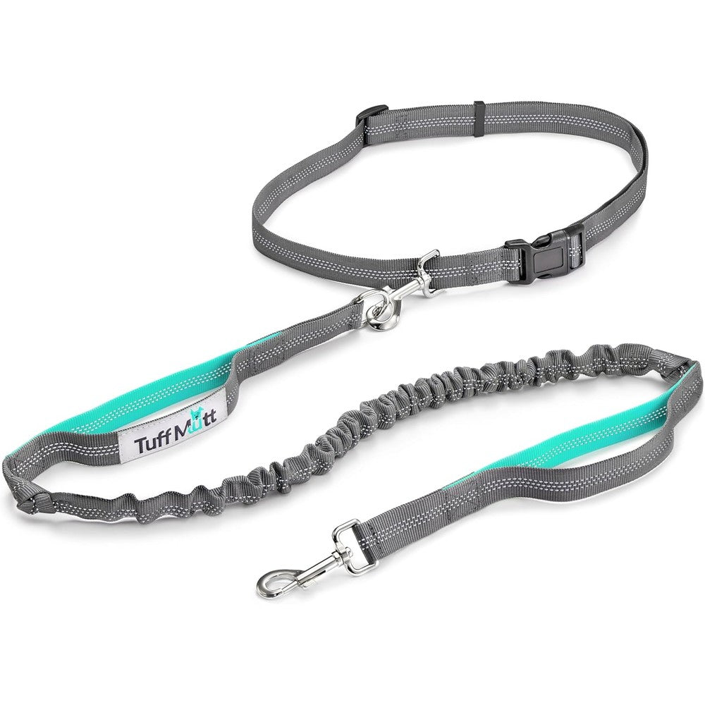Tuff Mutt Hands Free Dog Leash For Running Walking And Hiking Durable Dual Handle Shock Absorbing Bungee Waist Belt Gray And Teal Four Feet Long