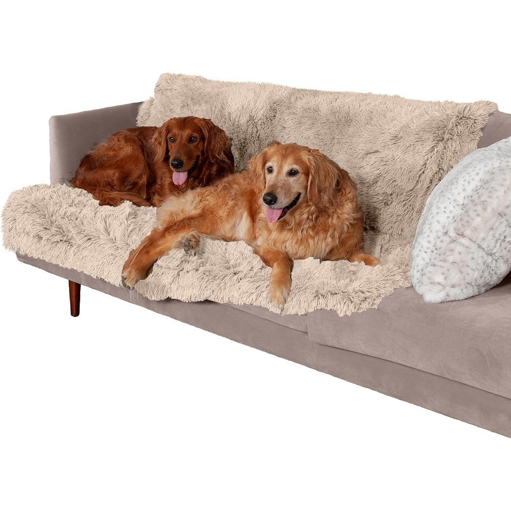 Furhaven Waterproof Calming Plush Long Faux Fur And Velvet Pet Throw Blanket For Dogs And Cats Washable Furniture Protector Taupe Extra Large