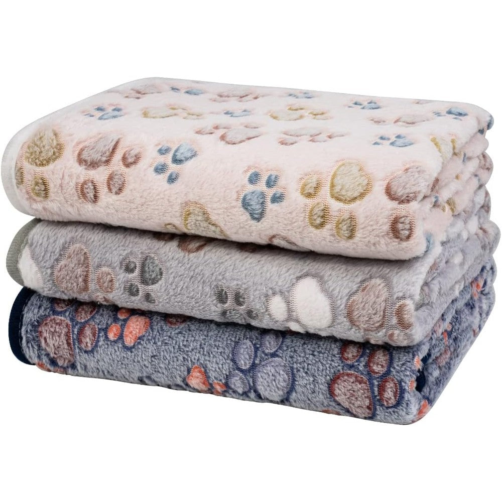 Dono Soft Fluffy Fleece Pet Blankets Pack Of Three Paw Print Design Warm Sleep Mat Throw Blankets For Dogs Puppies And Kittens