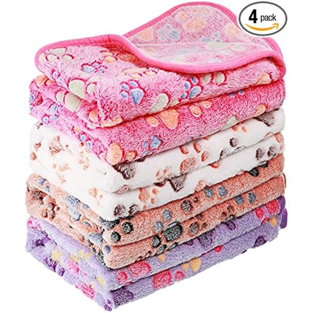 Tatuo Four Pack Fleece Pet Blankets Paw Print Mixed Colors Soft Washable Coral Velvet Sleep Mat For Puppy Dog Cat Bed Crate 24 By 16 Inches