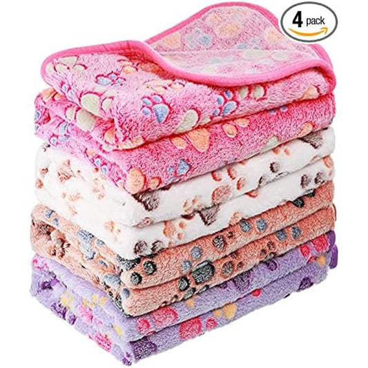 Tatuo Four Pack Fleece Pet Blankets Paw Print Mixed Colors Soft Washable Coral Velvet Sleep Mat For Puppy Dog Cat Bed Crate 24 By 16 Inches