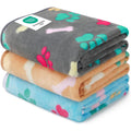 Luciphia Fluffy Premium Fleece Pet Blanket Flannel Paw Printed Throw for Dogs and Cats Three Pack Grey Brown and Blue Small 23 By 16 Inches