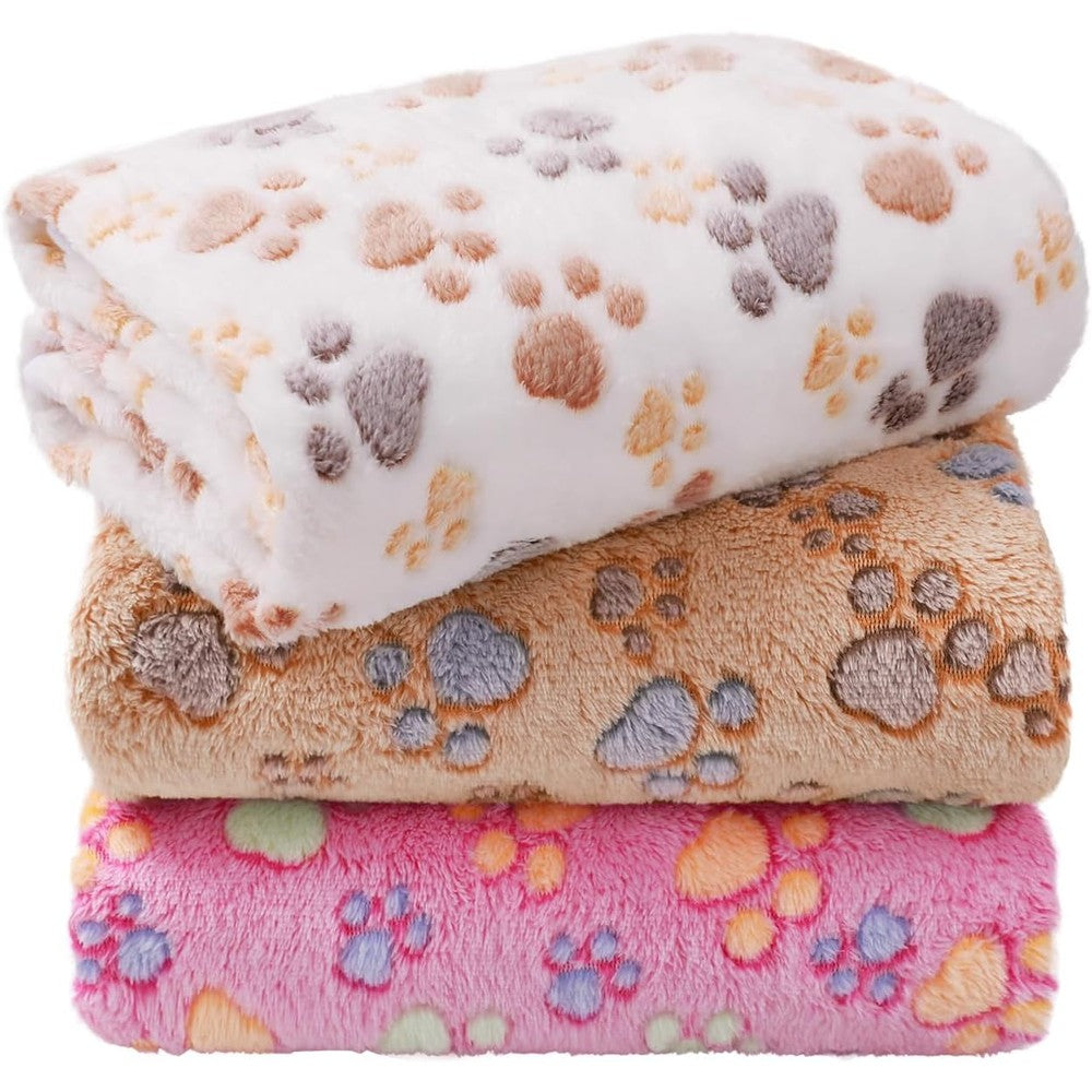 LINENLUX Super Soft Fluffy Premium Fleece Dog Blankets For Puppies And Cats Flannel Throw Warm Sleep Paw Print Three Pieces 23x16 Inches