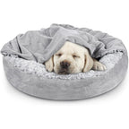 JOEJOY Small Dog Bed Cat Bed with Hooded Blanket, Cozy Cuddler Luxury Puppy Pet Bed, Donut Round Calming Anti-Anxiety Dog Burrow Cave Bed - Anti-Slip Bottom and Machine Washable 23 inch