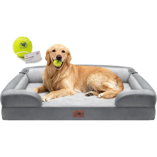 Extra Large Dog Bed, Orthopedic XL Washable Memory Foam Bed for Big Dogs Waterproof Pet Couch Sofa Bolster with Removable Cover, Non-Slip Bottom, Tennis Ball Toy, 42x30
