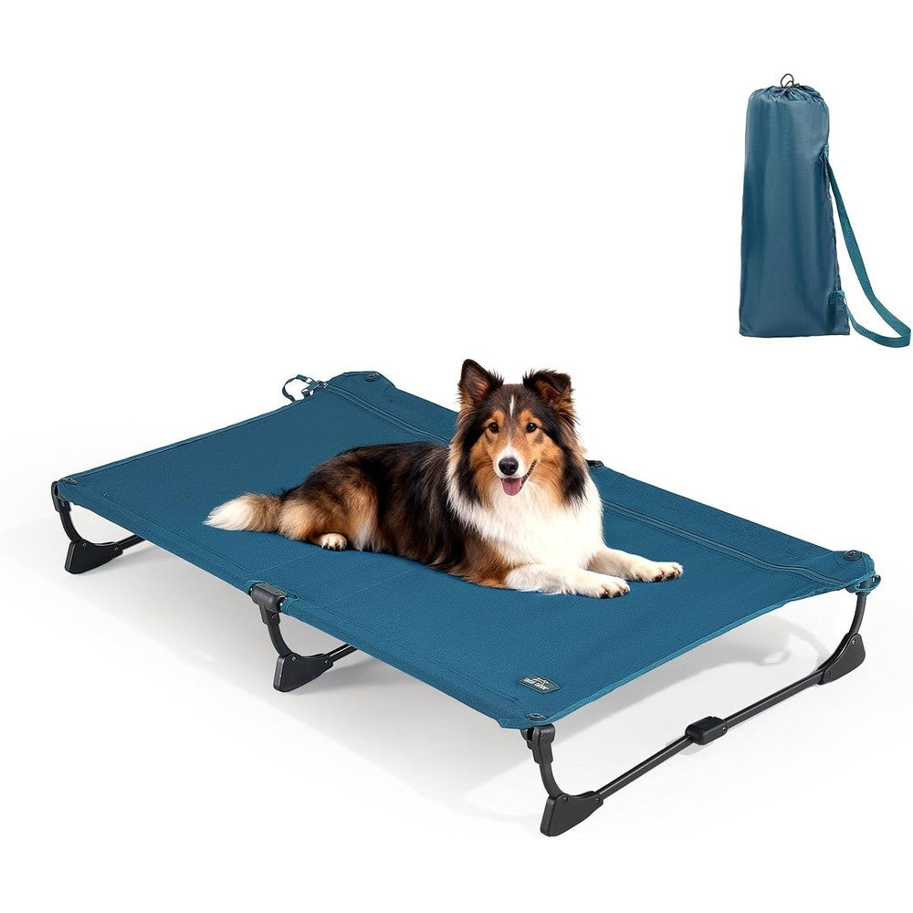 CANINE CANYON Folding Raised Dog Cot, Large Outdoor Elevated Dog Bed with Upgraded Non-Slip Feet, Cooling Chew Proof Portable Heavy Duty Pet Cot Up to 160 lbs for Camping/Home, Dark Blue, 43"x27"