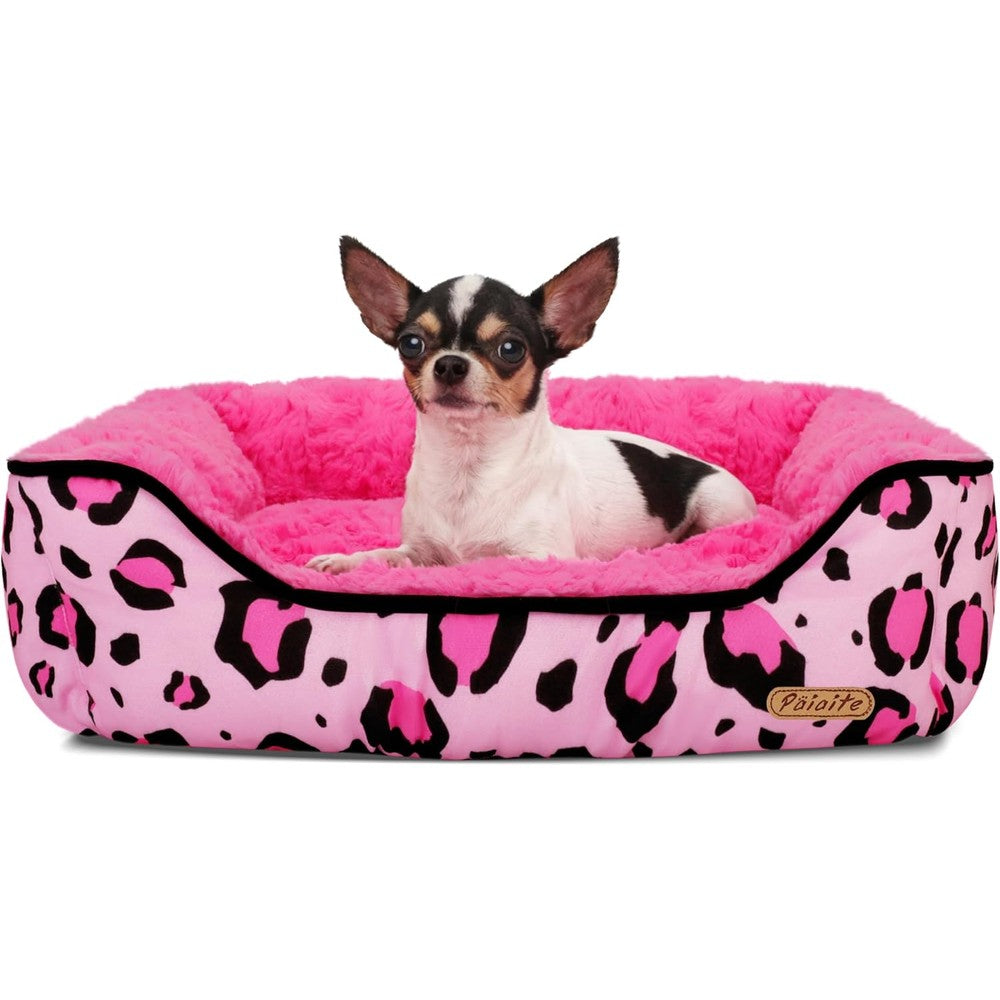 Rectangle Washable Dog Bed for Large, Medium & Small Dogs - Soft Calming Puppy Beds, Durable Warm Pet Sofa with Non-Slip Bottom for Indoor Use.Pink S Size (18.9"x18.9"x6.3")