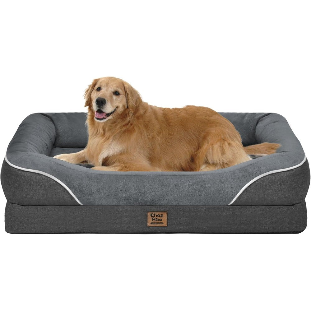Chez Paw Large Orthopedic Dog Bed for Extra Large Dogs, Waterproof XL Egg-Crate Foam Dog Bed with Removable Washable Cover & Non-Slip Bottom, 4-Sided Bolster Support,Grey 42"x30"x7.5"