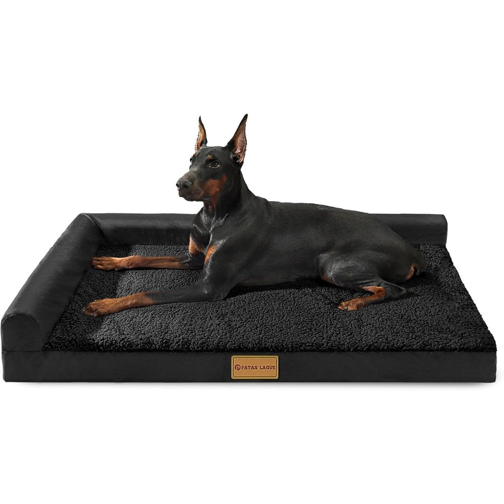 Patas Lague Orthopedic Dog Bed Large Sized Dog 36''X24'', Waterproof L Bolster Medium Pet Sofa Beds with Removable Washable Cover, Soft Pet Couch Crate Mat with Nonskid Bottom, Black