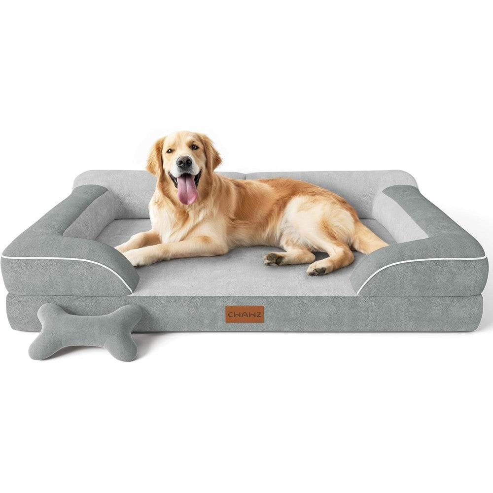 CWAWZ Extra Large Dog Bed, Orthopedic Dog Bed with Cooling Gel Memory Foam, Waterproof XL Pet Bed with Removable Washable Cover, 42" Pet Sofa Couch Dutch Velvet with Bone Toy, Light Gray