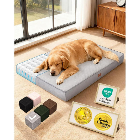 OhGeni Orthopedic Waterproof Dog Bed for Extra Large Dogs, Machine-Washable Removable Cover in Easy-Clean Fabric, Reversible Memory Foam & Easy-Carry Handle, Suitable for Crate, 41 inch (Gray)