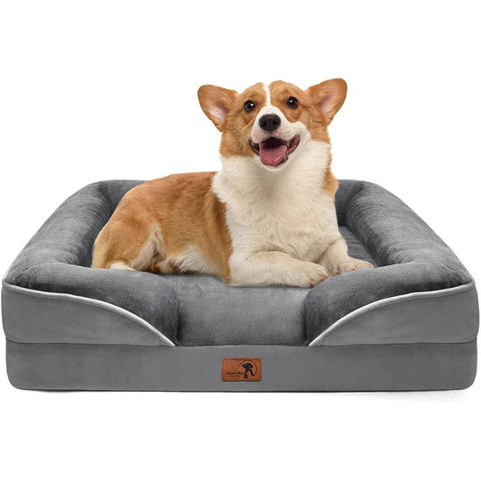 Spotted Play Orthopedic Dog Bed with Sides - Dog Sofa Beds for Medium Dogs, Supportive Foam Pet Couch Bed with Washable Removable Cover, Waterproof Lining and Non-Slip Bottom, Grey - M